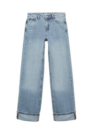 Lichtblauwe denim jeans met een wijde pijp, uitgerust met een hoge taille, casual versleten details en omgeslagen zomen. Standaard vijf-pocket ontwerp.