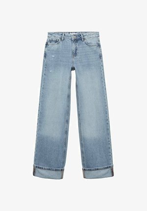 Svetlomodré džínsy s širokým strihom, vysokým pásom, neformálnymi poškodenými detailmi a manžetami. Štandardný dizajn s piatimi priehradkami.