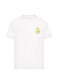 Hvid bomulds T-shirt med korte ærmer, der har et gult grafik af en is-popsicle og teksten "IS-SÆSON" i et legende skrifttype.