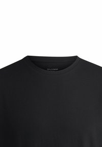 Zwarte ronde hals t-shirt van zacht katoen met een gladde structuur. Heeft een minimalistisch ontwerp en subtiele branding bij de halslijn.