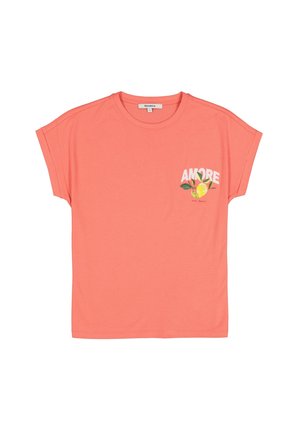 T-shirt rose à manches courtes avec le texte brodé en blanc "AMORE" et un motif de citron jaune. Fabriqué en coton doux.