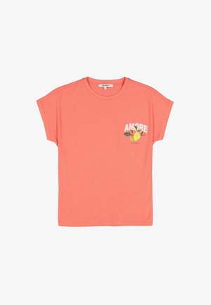 T-shirt rose à manches courtes avec le texte brodé en blanc "AMORE" et un motif de citron jaune. Fabriqué en coton doux.