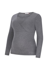 Gray long-sleeve top made of soft, textured fabric. Features a crossover design at the neckline and a fitted silhouette. Dark gray color throughout.
