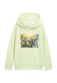 Hellgrüner Kapuzenpulli aus weichem Material. Verziert mit einer Grafik von Alligatorenköpfen und dem Text "FEELIN' EXTRA GOOD" nahe dem unteren Rand.