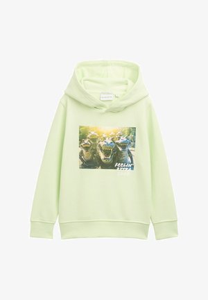 Hellgrüner Kapuzenpulli aus weichem Material. Verziert mit einer Grafik von Alligatorenköpfen und dem Text "FEELIN' EXTRA GOOD" nahe dem unteren Rand.