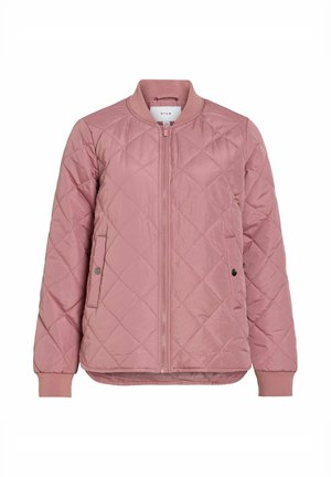 Vatteret bomberjakke i støvet lyserød med frontlynlås, ribbet krave og manchetter samt to sidelommer med trykknap.