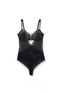 Černý bodysuit s mesh panely, geometrickým vzorem, tenkými ramínky a výřezem uprostřed. Hladká textura s kontrastními materiály.