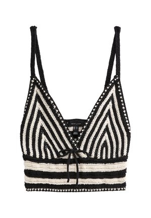 Gehaakte bralette met een zwart-wit zigzagpatroon, verstelbare bandjes, textuur oppervlak en een striksluiting aan de voorkant.