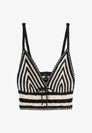 Gehaakte bralette met een zwart-wit zigzagpatroon, verstelbare bandjes, textuur oppervlak en een striksluiting aan de voorkant.