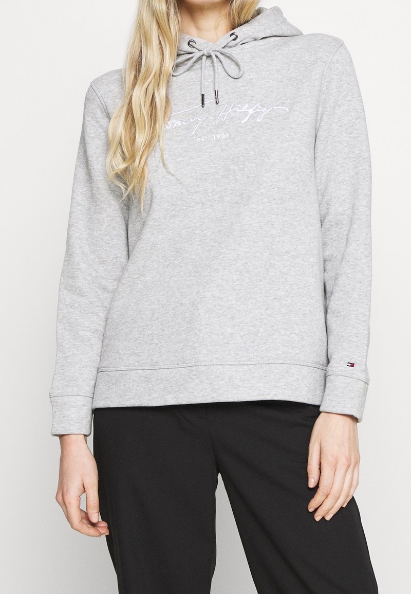 Sweat à capuche gris avec cordon de serrage, arborant un logo texte blanc à l'avant. Les poignets présentent un petit logo accentué en rouge, blanc et bleu.