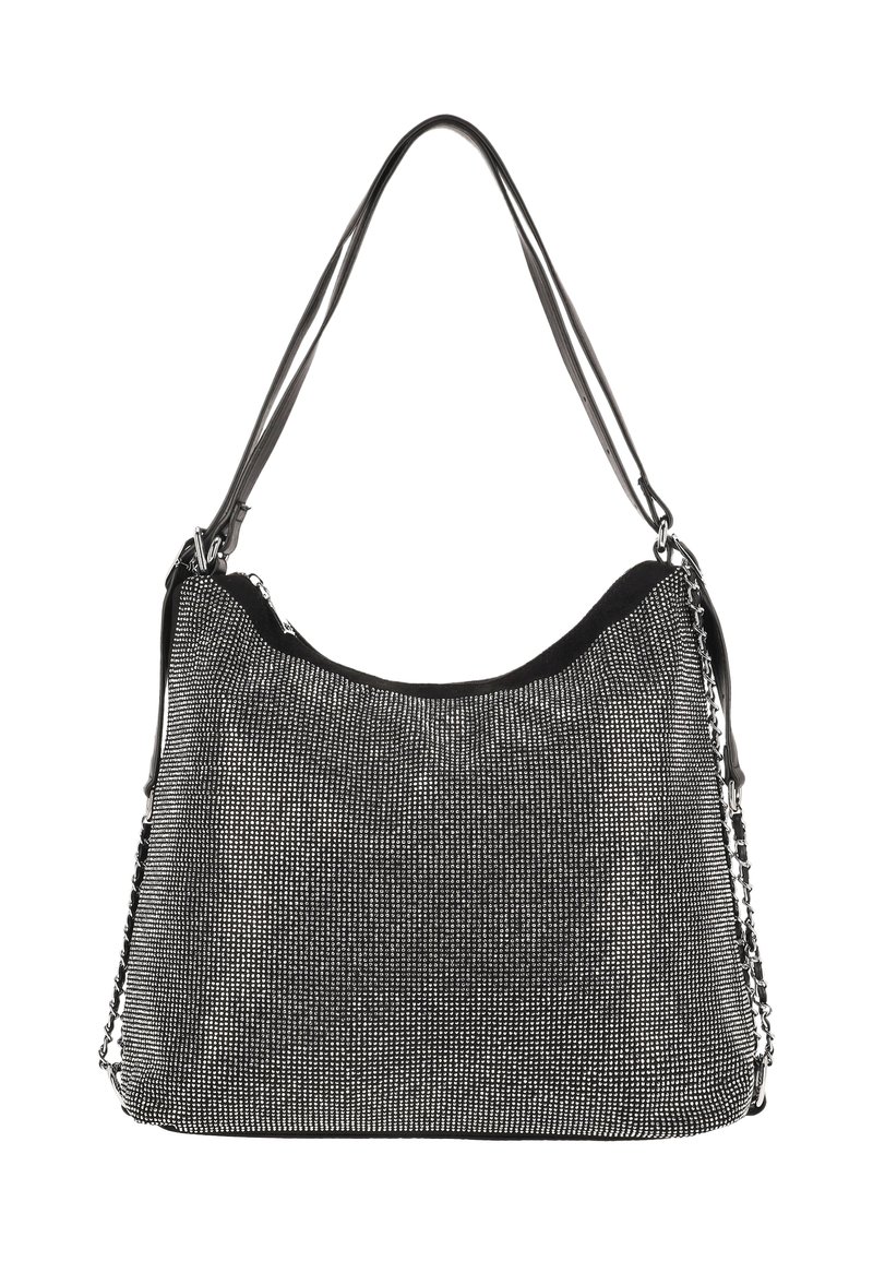 Zwarte hobo-tas gemaakt van een gaasachtig materiaal met metalen accenten. Heeft een gebogen vorm en dubbele schouderbanden. Ritssluiting.