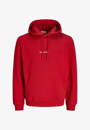 Rdeč pulover s kapuco iz bombažne mešanice. Ima sprednji žep, nastavljivo kapuco z vrvico in belo izvezeno besedilo na prsih.