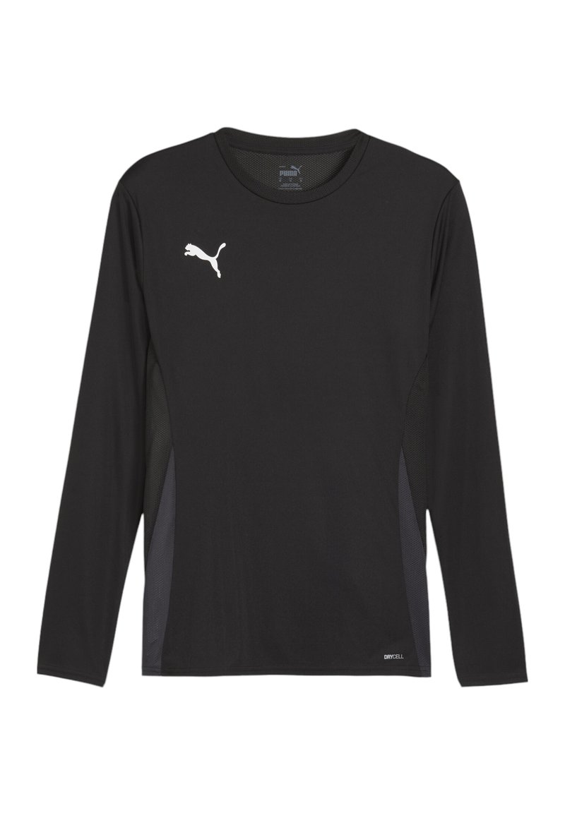 Zwarte langetermijn shirt gemaakt van ademend materiaal. Heeft een wit logo op de borst en mesh zijpanelen voor ventilatie.