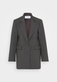 Grijze blazer met een getailleerde pasvorm, voorzien van gezakte revers, twee voorkruiszakken en twee knopen aan de voorkant. Gevoerde binnenkant in een donkere tint.