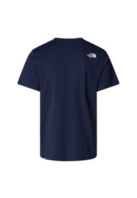 Navy blue cotton t-shirt with short sleeves, rounded neck, and a white logo on the upper back. Smooth texture, relaxed fit, and no patterns.