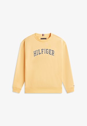 Sweat-shirt jaune à manches longues avec poignets et ourlet côtelés, présentant le texte "HILFIGER" brodé en bleu marine sur la poitrine.