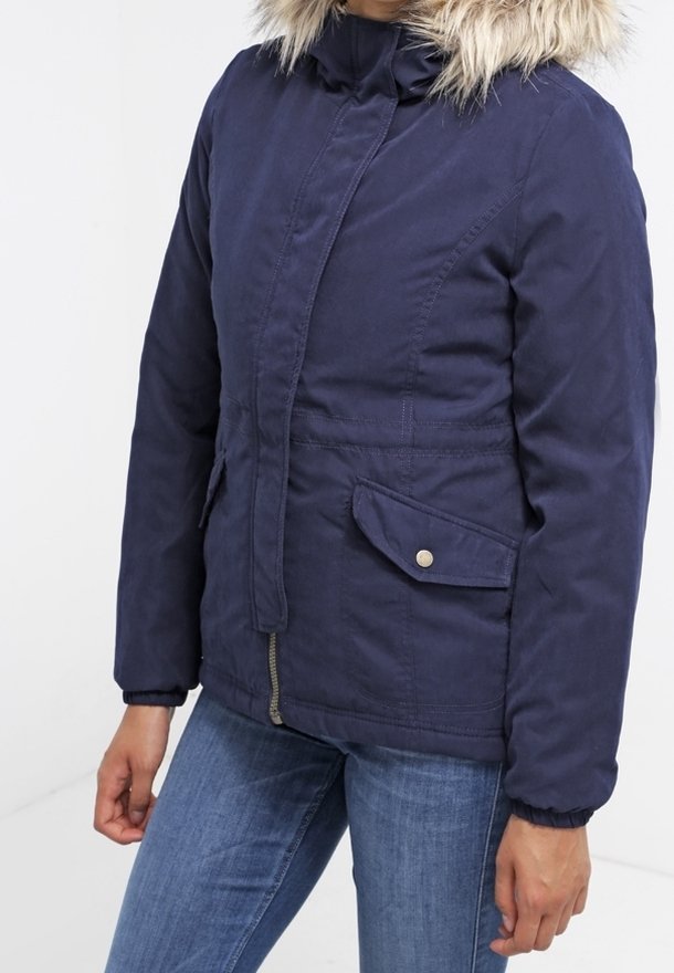 Navy blue parka jacket with a faux fur hood, zip closure, side pockets, and elastic cuffs, featuring a soft, textured fabric.