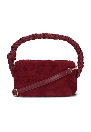Burgundy faux fur handbag with a braided leather handle, rectangular shape, and a detachable leather strap. Soft texture and gold hardware accents.