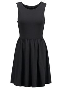 Robe noire sans manches avec un col rond, un corsage ajusté et une jupe évasée. Fabriquée en tissu lisse sans motifs ni accents visibles.