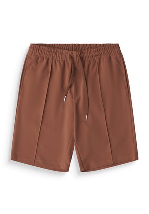 Pantalones cortos marrones con cintura elástica, cordón ajustable y bolsillos laterales, confeccionados con tela texturizada, mostrados sobre un fondo blanco.