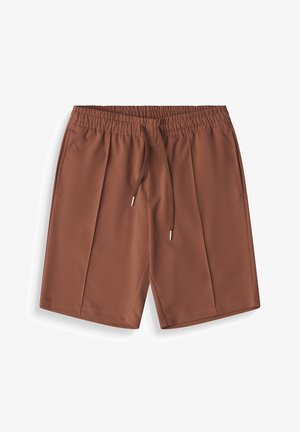 Pantalones cortos marrones con cintura elástica, cordón ajustable y bolsillos laterales, confeccionados con tela texturizada, mostrados sobre un fondo blanco.