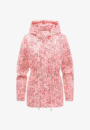 Rosa-weißes Leopardenmuster-Kapuzenjacke mit verstellbaren Kordeln an Taille und Hals, langen Ärmeln und Reißverschluss vorne.