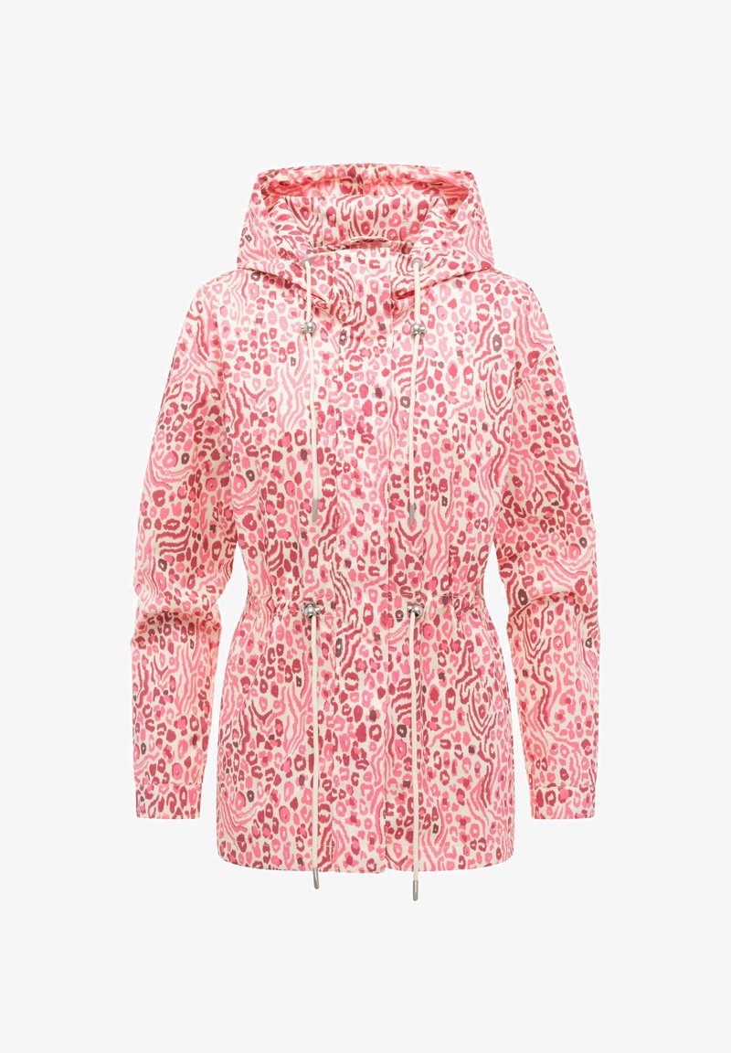 Rosa-weißes Leopardenmuster-Kapuzenjacke mit verstellbaren Kordeln an Taille und Hals, langen Ärmeln und Reißverschluss vorne.