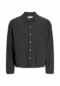Camisa de cuadros en blanco y negro de manga larga, con botones, cuello y bolsillo en el pecho, exhibida sobre un fondo blanco.