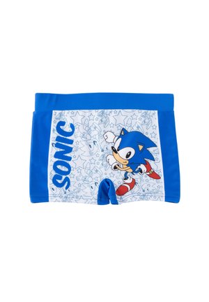 Blaue und weiße Jungen-Badehosen mit Sonic the Hedgehog in Laufpose sowie dem Schriftzug "SONIC" und einem Hintergrund aus Sternen und Charakter-Linienzeichnungen.