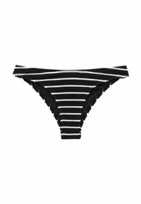 Bikini gaće s uzorkom crno-bijelih pruga, izrađene od teksturiranog materijala, s niskim strukom i poderanim rubovima.