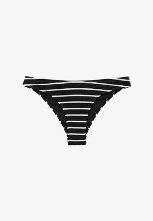 Sort-hvidstribet bikini-bund i struktureret stof med en lav talje og frynsede kanter langs kanten.