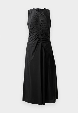 Schwarzes ärmelloses Kleid mit gerafften Details, tailliertem Oberteil, A-Linien-Rock und seitlichem Reißverschluss. Hergestellt aus glattem, leichtem Stoff.
