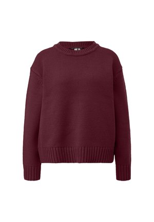 Burgunderfarbener Strickpullover mit rundem Ausschnitt, gerippten Bündchen und Säume sowie lockerem Schnitt. Texturiertes Material mit weicher Haptik.