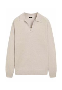 Pull en tricot beige clair avec un col en V et un col replié. Il présente des manches longues et des ourlets côtelés pour plus de texture et de tenue.