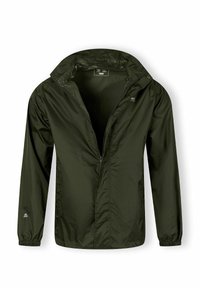 Giacca leggera verde oliva, texture liscia, zip frontale completa, cappuccio regolabile, polsini elasticizzati e design minimalista. Senza loghi visibili.