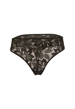 Mutande in pizzo nero con motivo floreale, design alto e bordi ondulati, che mostrano una trama intricata e sezioni trasparenti.