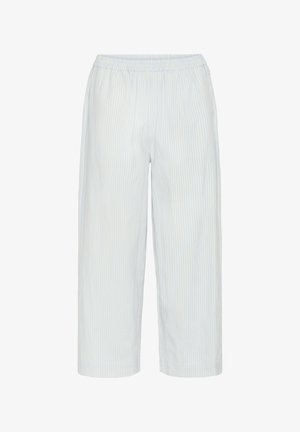 Šviesiai mėlynos ir baltos dryžuotos plačios kelnės su elastinga juosmeniu ir švelnia, tekstūrine medžiaga. Trumpas ilgis, be kišenių.