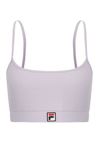 Lila ribbad bralette med tunna remmar, med en liten broderad logotyp på frambandet. Mjuk textur och figurnära design.