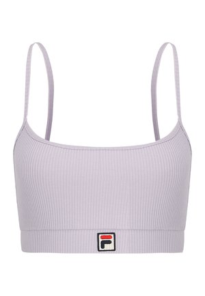 Lila ribbade bralette med tunna axelband, med en liten broderad logotyp på det främre bandet. Mjuk textur och åtsittande design.