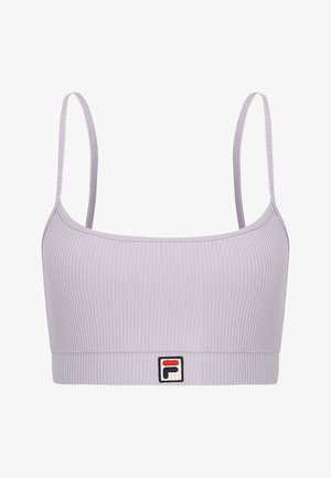 Lila ribbade bralette med tunna axelband, med en liten broderad logotyp på det främre bandet. Mjuk textur och åtsittande design.