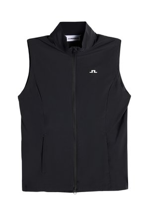 Gilet noir sans manches avec fermeture éclair, col montant, poches latérales et petit logo JL blanc sur le côté gauche de la poitrine.