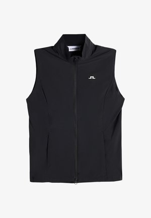 Gilet noir sans manches avec fermeture éclair, col montant, poches latérales et petit logo JL blanc sur le côté gauche de la poitrine.