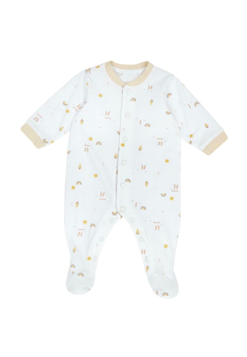 White cotton onesie with pastel rainbow, sun, and ice cream cone patterns. Features beige cuffs and snap closures along the front.