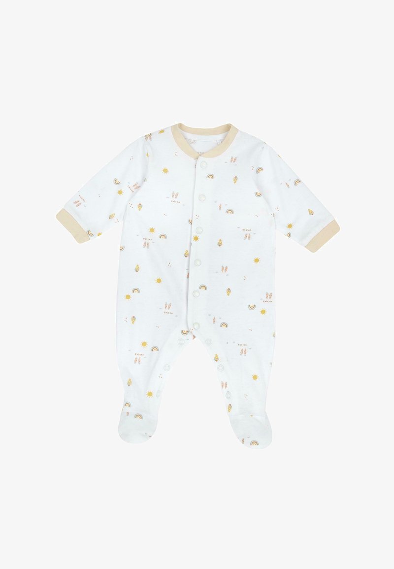 White cotton onesie with pastel rainbow, sun, and ice cream cone patterns. Features beige cuffs and snap closures along the front.