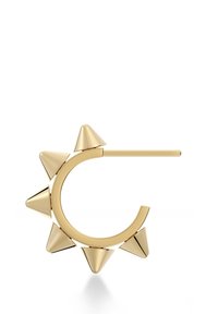 Guldfärgat hoopsmycke med en halvmånform och sex konformade detaljer runt kanten, med slät yta och metallisk glans.
