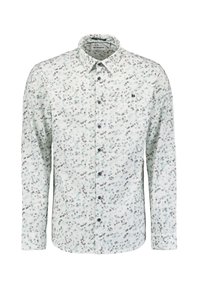 Witte blouse met lange mouwen en een willekeurig pixelpatroon in blauw en grijs. Met knoopsluiting aan de voorkant, puntkraag en één borstzak.