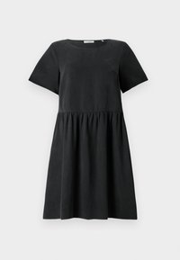 Schwarzes Kurzarmkleid mit einem runden Halsausschnitt, strukturiertem Stoff und einer gerafften Taille, die eine ausgestellt Silhouette schafft.