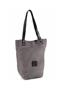 Grijze canvas tas met zwarte leren handvatten, drukknopen en een klein leren patch aan de voorkant. Stevige en ruime uitvoering.