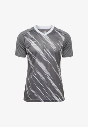 Graues Sportshirt mit V-Ausschnitt und kurzen Ärmeln, verziert mit einem weißen abstrakten Muster. Aus leichtem, glattem Stoff gefertigt.