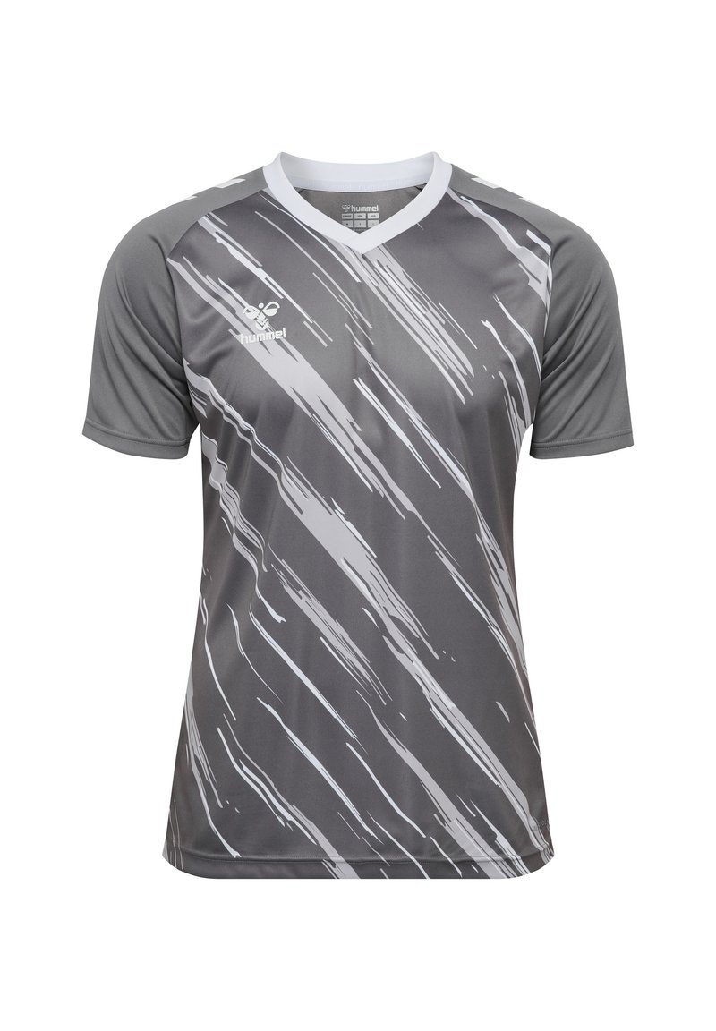 Grå atletisk tröja med V-ringning och korta ärmar med ett vitt abstrakt mönster. Tillverkad av lätt och mjukt tyg.